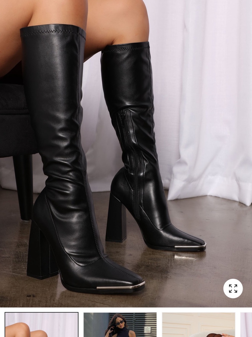 Fashion Nova Black Pointed-Toe Knee Boots with Metal Toe Accent